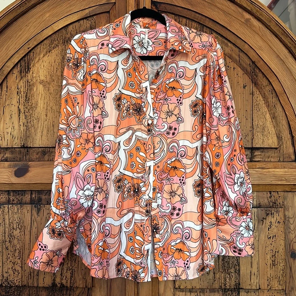 Free People Serena Printed Button Down Silky Floral Boho 70’s Top Blouse Shirt - Picture 4 of 13
